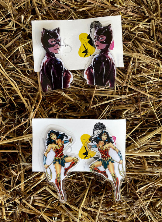 Cat Woman and Wonder Woman earrings