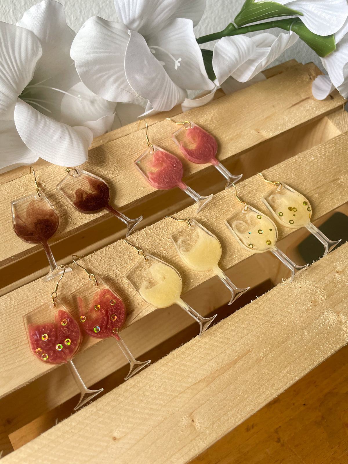 Glass of wine resin earrings